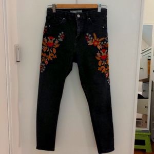 Topshop Moto Jamie Embroidery High Rise Black Skinny Jean 30